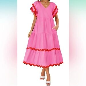 ZESICA Summer V Neck Flutter Sleeve Ruffle Tiered Flowy Beach Midi Dress Pink XL